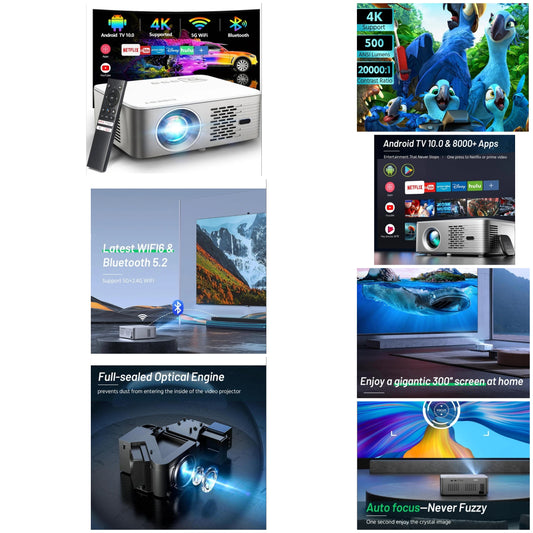 4K Support Android TV 10.0 Projector 5G WiFi Bluetooth Native 1080P, CIBEST Full-Sealed Optical Engine Home Movie FHD Projector with NF/Prime Video Built-in, 8000+ Apps, Autofocus, Stereo Sound