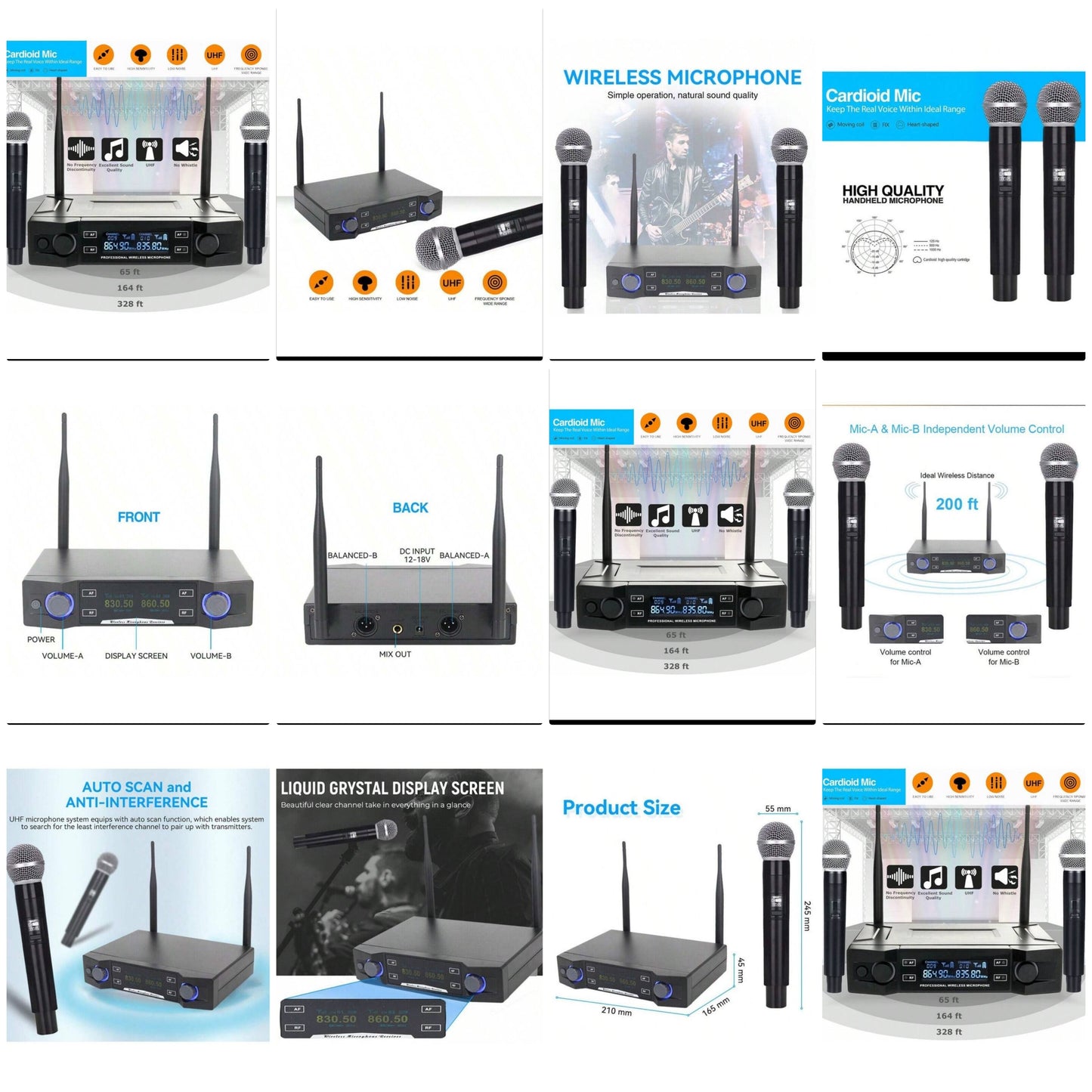 Professional 2 Channel UHF Dual Microphone Wireless Cordless Handheld Mic System