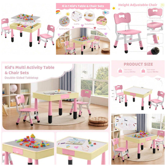 4 In 1 Kids Table And 2 Chairs Set With Storage, Toddler Table And Chair Set For Kids Ages 3-10, Graffiti & Building Blocks Double-Sided Tabletop (Pink, 2 Chairs)
