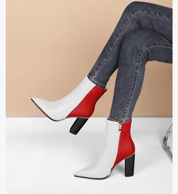 Womens Pointed Toe Beaded Chunky Ankle Boots Side Zipper 3.5 Inches