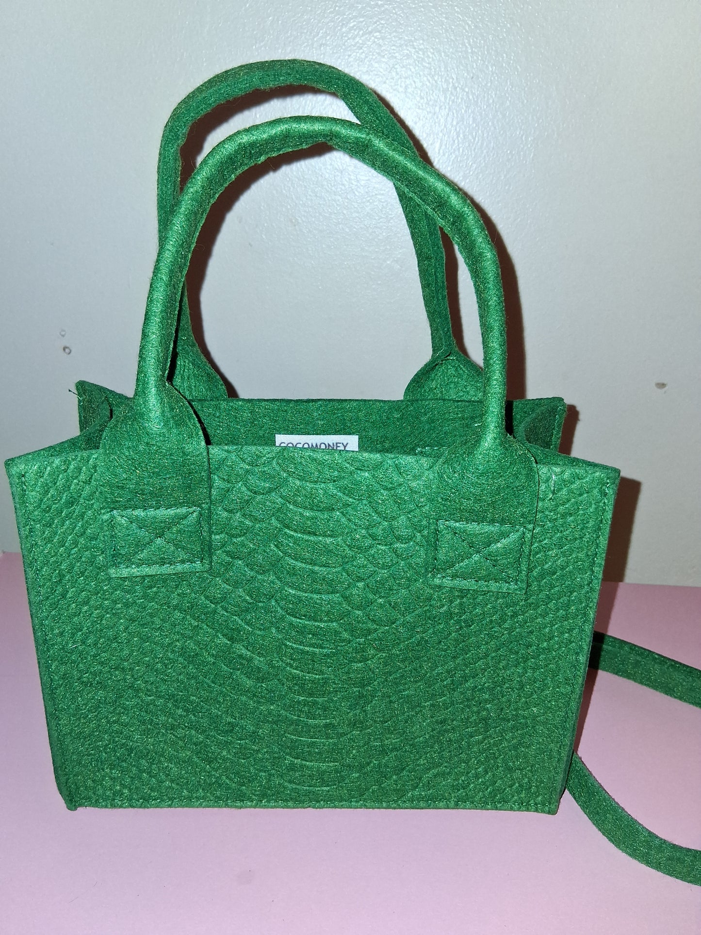 COCOMONEY MINI HANDBAG GREEN WOTH WALLET AND STRAP 8IN BY 6IN BY 3IN