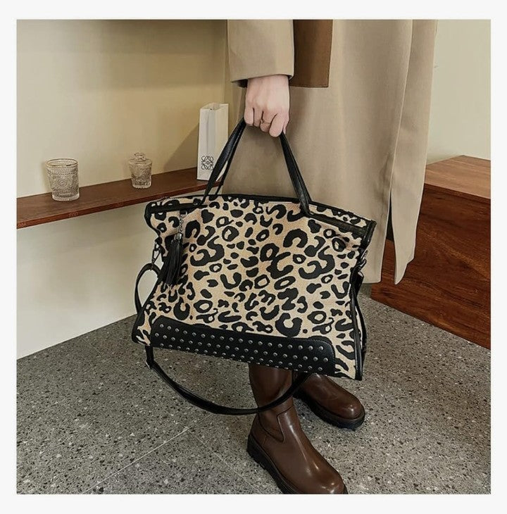 Oversized Leopard Purse,Women Studded Tote Handbags Animal Printing Punk Large Shoulder Bags Hobo Tassel Rocker Rivet
