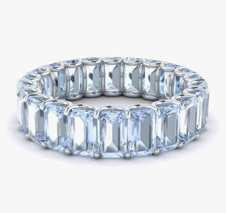 COCOMONEY Natural and Certified Gemstones Wedding Ring in 14K White Gold | Emerald Cut Full Eternity Stackable size 7
