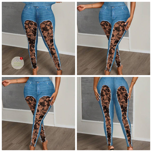 Plus Size Rose Floral Lace Print Denim Effect Leggings, Casual & Versatile, Cocomoney