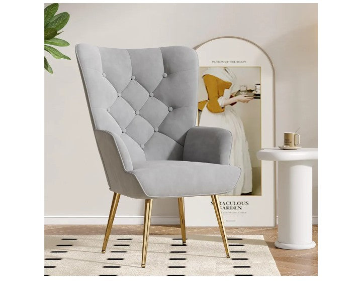 Mid Century Modern Accent Chair, Velvet Upholstered Armchair with Metal Legs, Tufted Button Wingback Side Chair, High Back Reading Chair for Living Room Bedroom