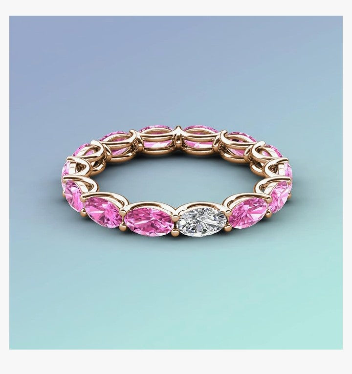 COCOMONEY Oval Lab Grown Diamond & Pink Sapphire 4-3/8 ctw in gorgeous drape like basket setting eternity stackable ring 14K Gold