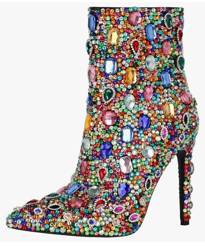 Women's Rhinestone High Heel Boots,Glitter Side Zipper Ankle Boots Sparkly Cowgirl Pointed Toe Stiletto Heel Party