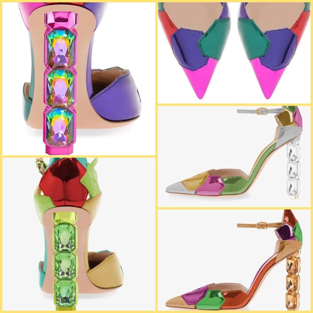 Shiny Crystal Heel Colorful Pointed Toe High Heel Ankle Strap Buckle