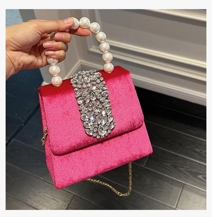 Clutch Purses for Women, Satin Evening Bag, Hot Pink Small Tote Bag, Twinkle Rhinestone Clutch Purses, Pearl Handles, Crossbody Bags for Wedding, Prom, Parties, Travel