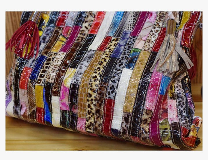 Multicolor Big Boston Bag Genuine Leather Colorful Patchwork Large Tote Handbag Purses