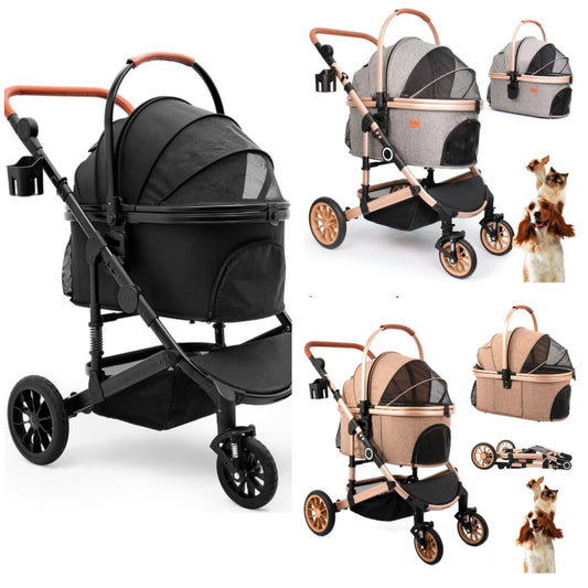 Pet Stroller with 4 Wheels, Foldable Pet Travel Carrier for Small/Medium Dogs Cats up to 50lbs, Detachble Portable Pet Bag, Storage Basket, Car Seat 3 in 1 Multifunctional