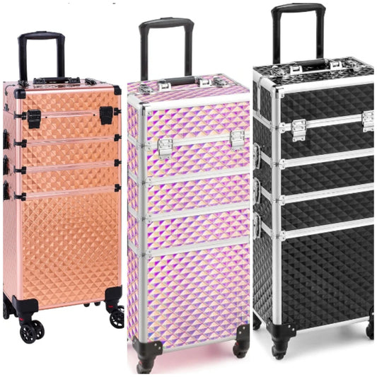 4 in 1 Rolling Makeup Train Case, Aluminum Makeup Travel Organizer Cosmetic Case, Cosmetology Display Suitcase on Wheels, Beauty Storage Luggage Lockable w/4 Removable Wheels