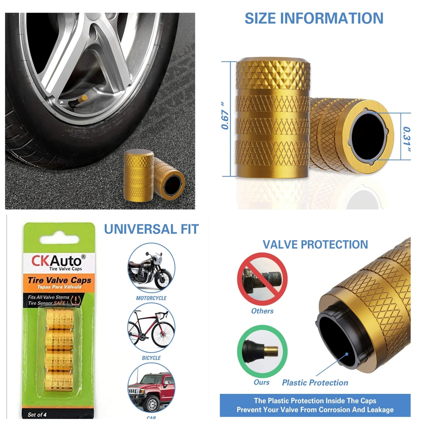 Tire Valve Stem Caps, 4 pcs/Pack, Anodized Aluminum Tire Valve Cap Set, Corrosion Resistant, Universal Stem Covers for Cars Trucks Motorcycles SUVs and Bikes