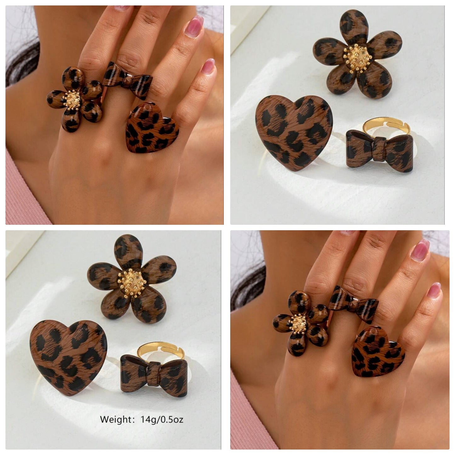 3pcs Exaggerated Wide-Band Cute Bubble Flower Heart Bowknot Unique Mixed Leopard Acrylic & Wood Grain Texture Rings For Women, Cocomoney Versatile Style For Girlfriend Gift, Valentine's Day Celebration,Mom,Mother,Mother's Day,Gift