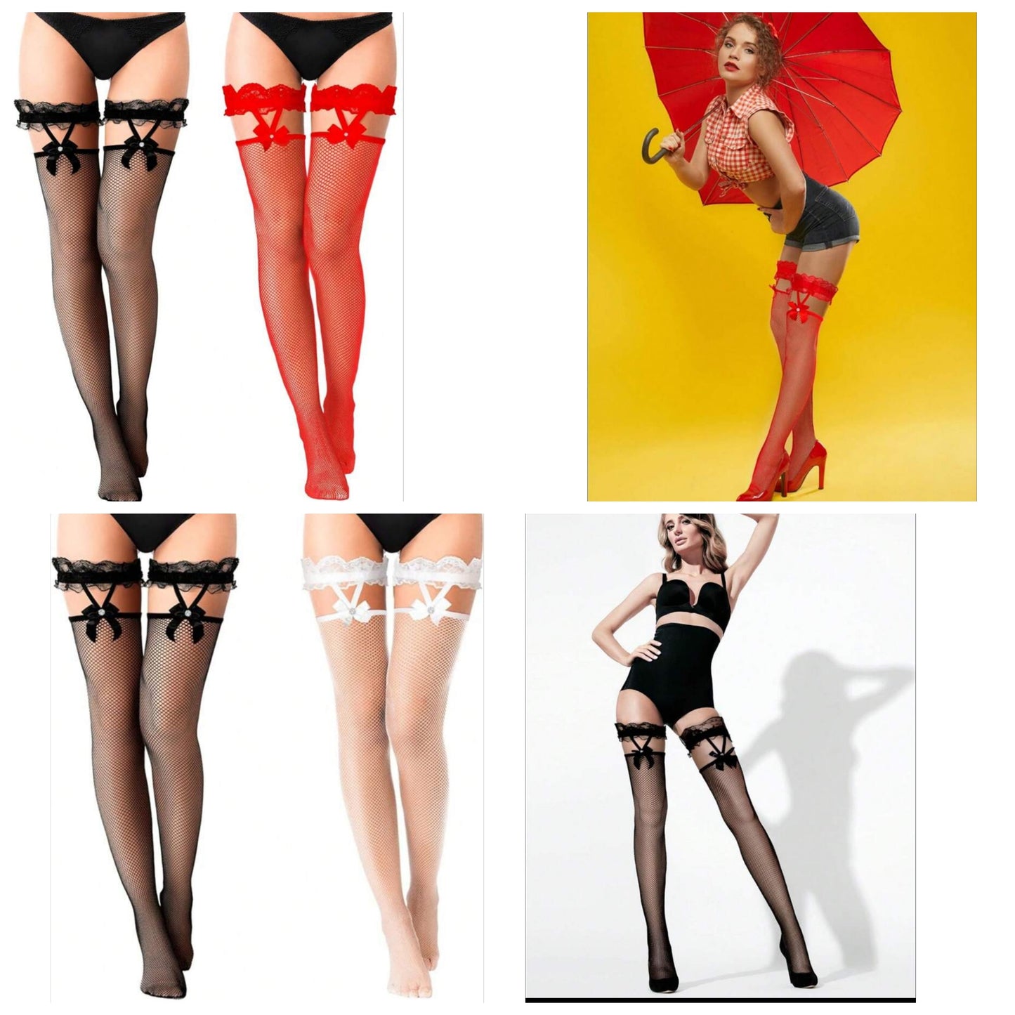2 Pairs Lace Top Fishnet Stockings Bow Suspenders Thigh High Stockings Mesh Hold Up Stockings For Women