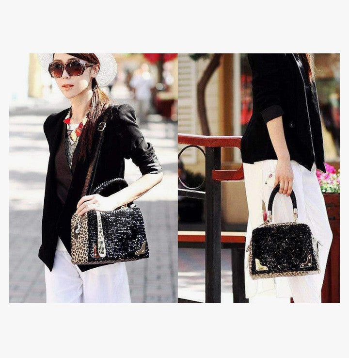 Women's Leopard Print Black Purse Handbag Hobo Style Sequin PU Leather Shoulder Bag