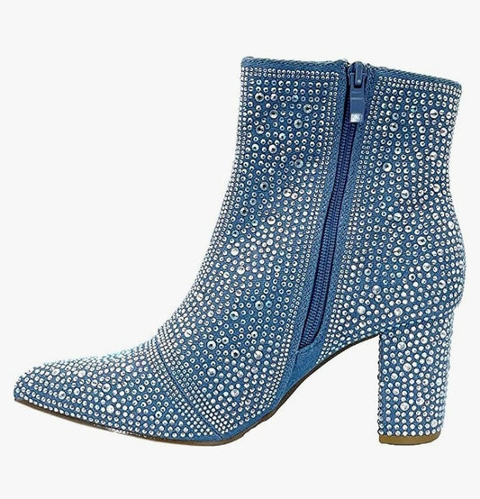 Rhinestone Block Chunky Heel Ankle Bootie