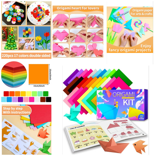 Origami Paper, 220pcs 17 Colors 6x6 inch, Double Sided Color, Origami Paper Kit with Guide instruction, Origami Paper Kit for Crafts, Origami Kit.