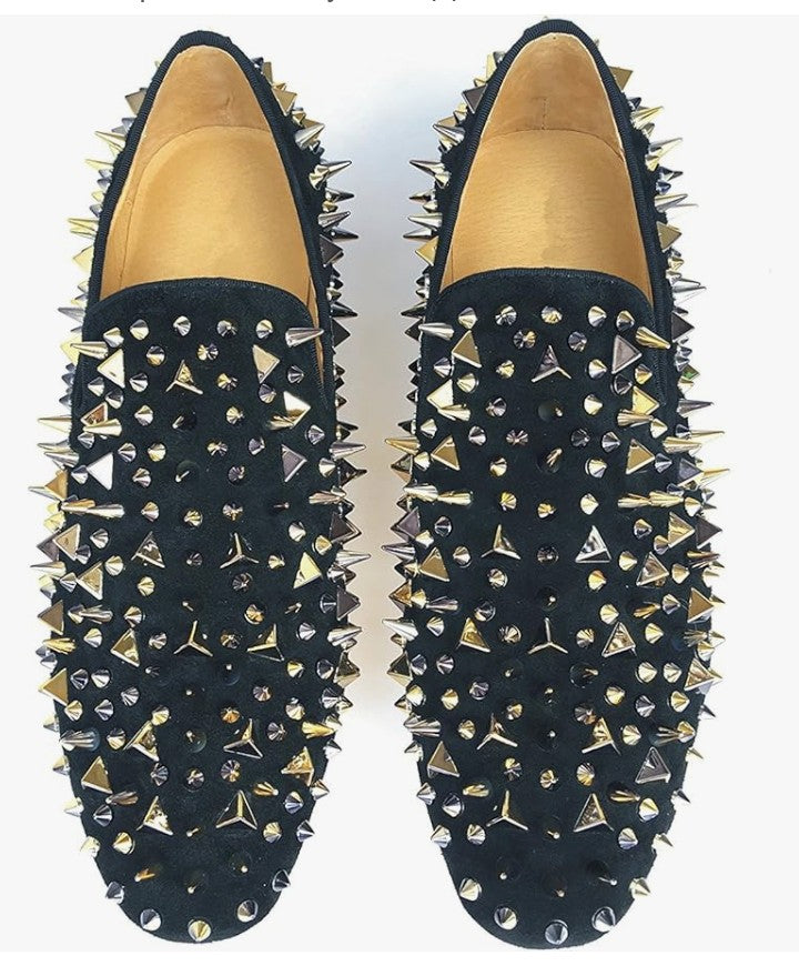 Men's Black Leather Loafers Slippers with Gold Spikes Dress Shoes Slip-On Flats Party Shoes