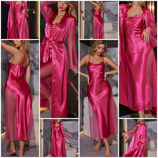 Polka Dot Mesh Panel Silk-Like Women's Pajama Set