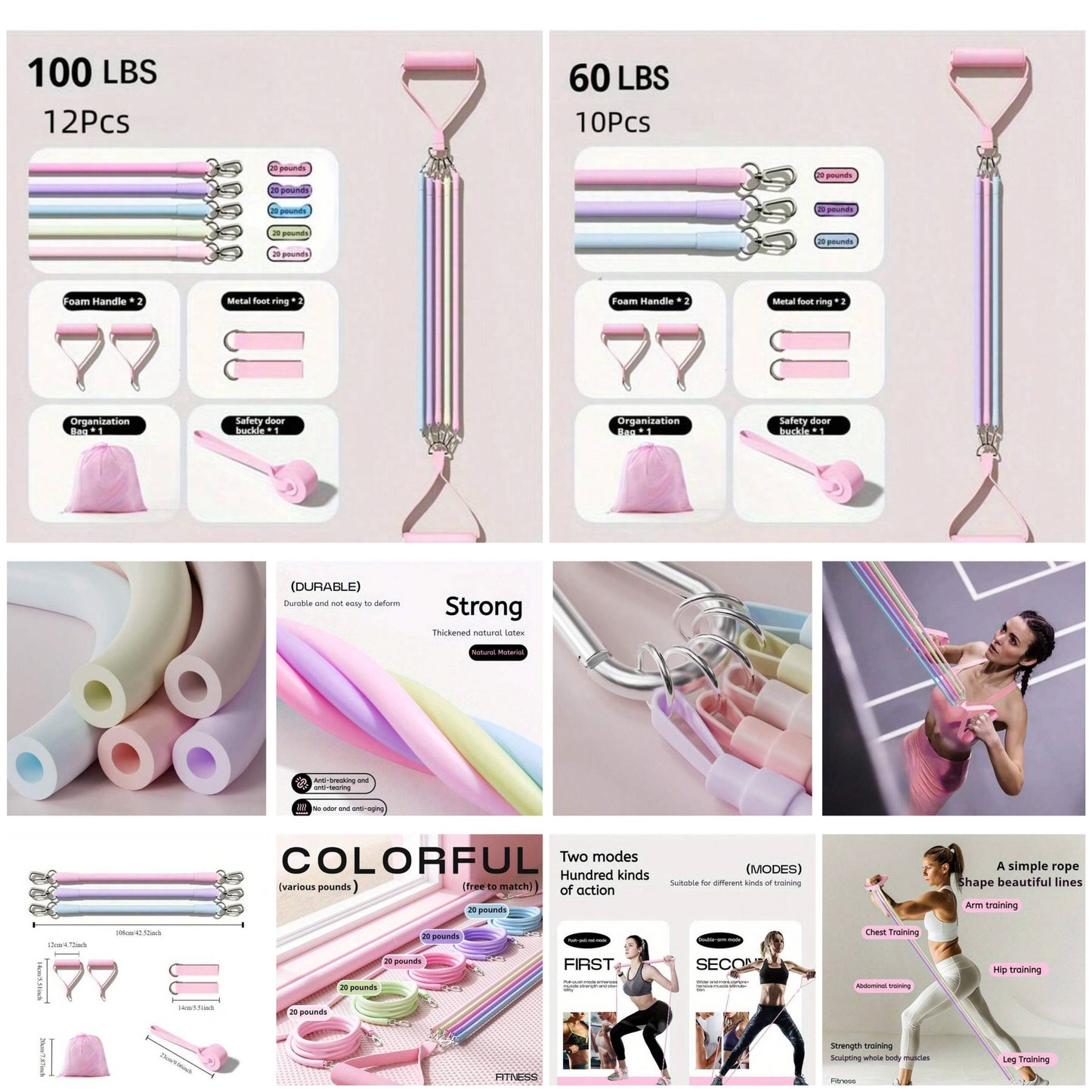 12pcs Resistance Band Set, 60-100lbs Exercise Bands For Shaping, Workout, Muscle Building, Strength Training, Multi-Functional Resistance Ropes Home Gym Equipment, Includes 3/5pcs Resistance Bands, 2pcs Handles, 2pcs Ankle Straps, 1pc Door Anchor,