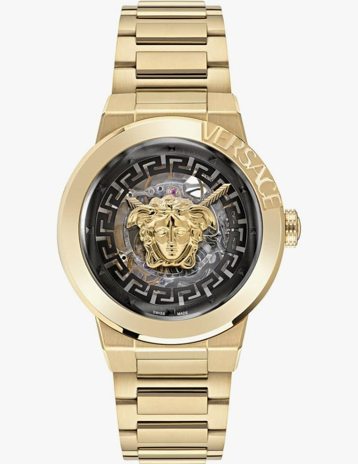 Versace Medusa Infinite Collection Luxury Womens Watch Timepiece with a Gold Bracelet Featuring a Gold Case and Black Dial
