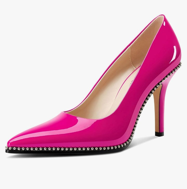 Womens Stiletto Mid Heel Pointed Toe Pumps Slip-on Sliver Beaded Prom Wedding Dress Basic Classic Patent Leather 3.5 Inches Heels