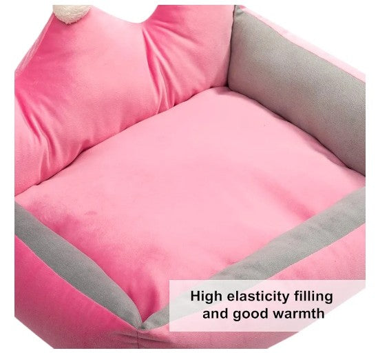 Pet Bed for Dog or Cat Rectangle Plush Warm Puppy Sofa Mat Cushion, Pink Crown