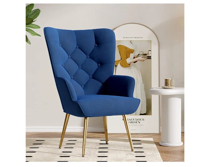 Mid Century Modern Accent Chair, Velvet Upholstered Armchair with Metal Legs, Tufted Button Wingback Side Chair, High Back Reading Chair for Living Room Bedroom