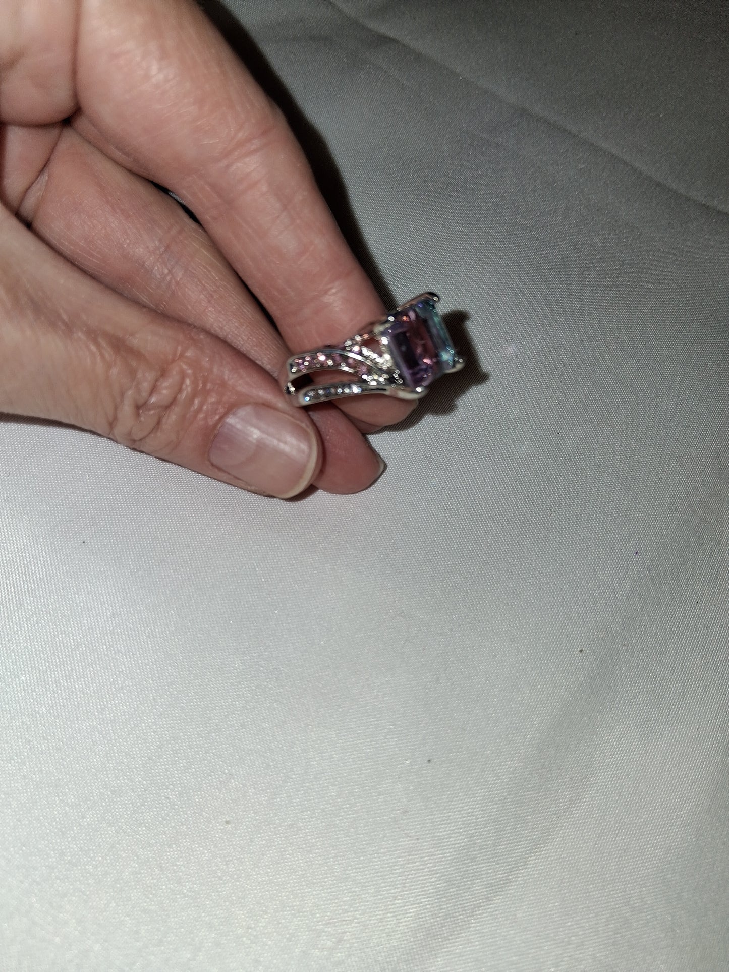 Costume silver plated pink blue ring size 10