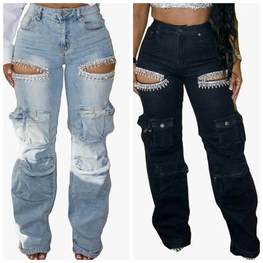 High Waisted Cargo Jeans Rhinestones Bling Stretchy Baggy Denim Pants with Flap Pockets