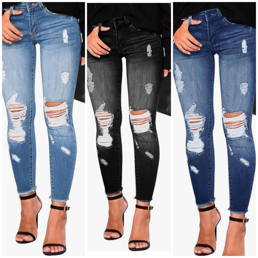 Skinny Ripped Trendy Jeans Distressed Stretchy Denim Pants