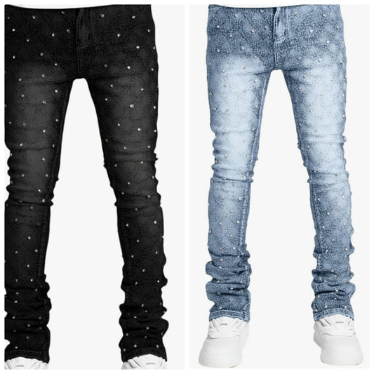 Stretch Fit Skinny Stacked Rhinestone Jeans Slim Fit Printed Y2K Denim Pants Trousers Streetwear