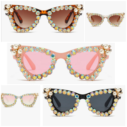 Sparkling Crystal Cat Eye Sunglasses Women Square Rhinestone Pearl Sun Glasses Party Diamond Bling Punk Eyewear