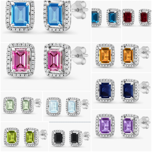 925 Sterling Silver Gemstone Birthstone Earrings | Emerald Cut 8X6MM | Halo Earring