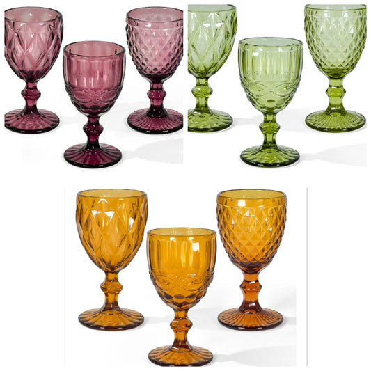 Set of 3, 8 OZ Colored Glass Water Goblets, Embossed Floral Decorative Crystal Glass Cups Set, Dishwasher Safe, for Wedding, Party, Red Wine Glass, Bars, Restaurants