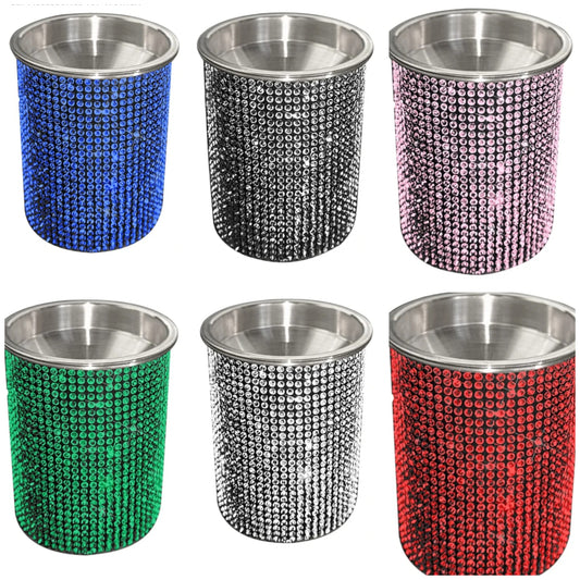Bling Diamond Car Ashtray with Lid,Portable Ashtray for Car,Mini Car Cup Holder Trash Ashtray Can,Detachable Stainless Steel Smokeless Ash Tray with Shiny Crystal Rhinestones Car Accessories