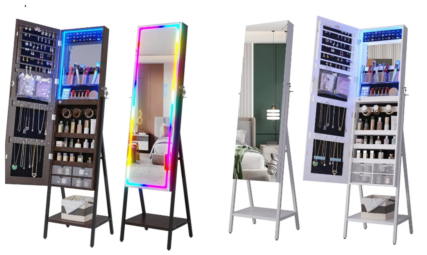 LED Mirror Jewelry Cabinet Standing, Lockable Jewelry Armoire Organizer Full Length Mirror with Storage, Adjustable Lights Jewelry
