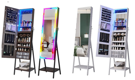 LED Mirror Jewelry Cabinet Standing, Lockable Jewelry Armoire Organizer Full Length Mirror with Storage, Adjustable Lights Jewelry