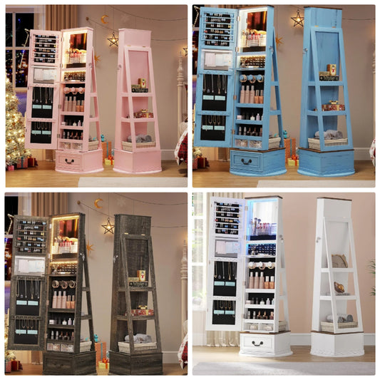 360°Swivel jewelry organizer with Full Length Mirror with Lights,Jewelry Armoire Cabinet Standing with Drawers,Large Mirror Storage for Jewelry and Makeup,Best