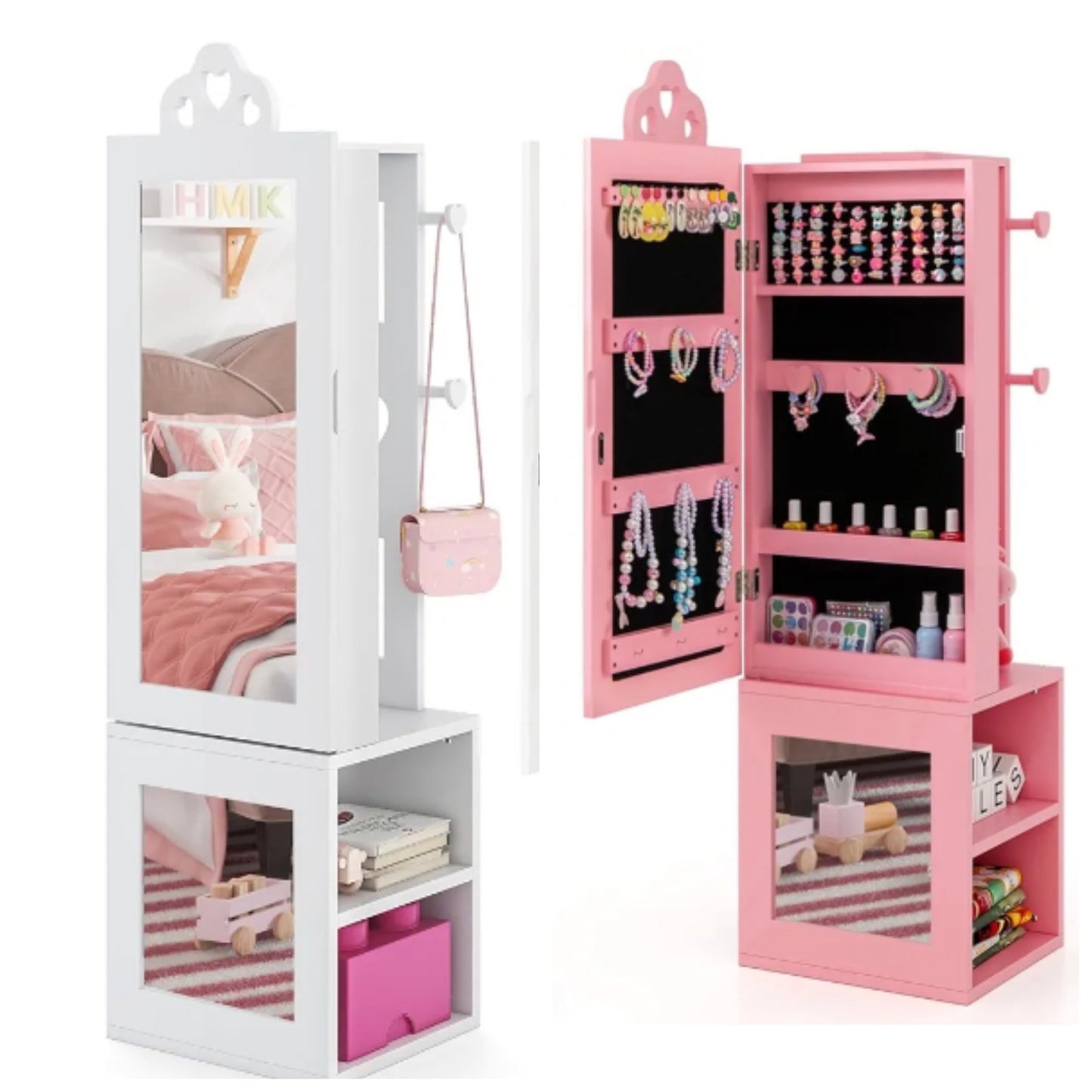 Kids Jewelry Armoire Cabinet, 46" Standing Jewelry Organizer with Full-Length Mirror, Rear Storage Shelves, Garment Rack, Kids Vanity Dress Up Mirror Jewelry Cabinet