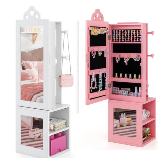 Kids Jewelry Armoire Cabinet, 46" Standing Jewelry Organizer with Full-Length Mirror, Rear Storage Shelves, Garment Rack, Kids Vanity Dress Up Mirror Jewelry Cabinet