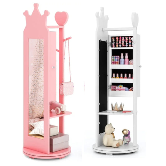Kids Jewelry Armoire, 360° Swivel Jewelry Cabinet with Full Length Mirror & Garment Rack, Kids Vanity Dress Up Mirror with Jewelry Storage, 44” Standing Jewelry Organizer