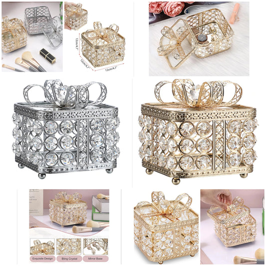 Crystal Jewelry Box Trinket Organizer with Glass Lid Mirrored Treasure Chest Box Decorative Jewelry Storage Box