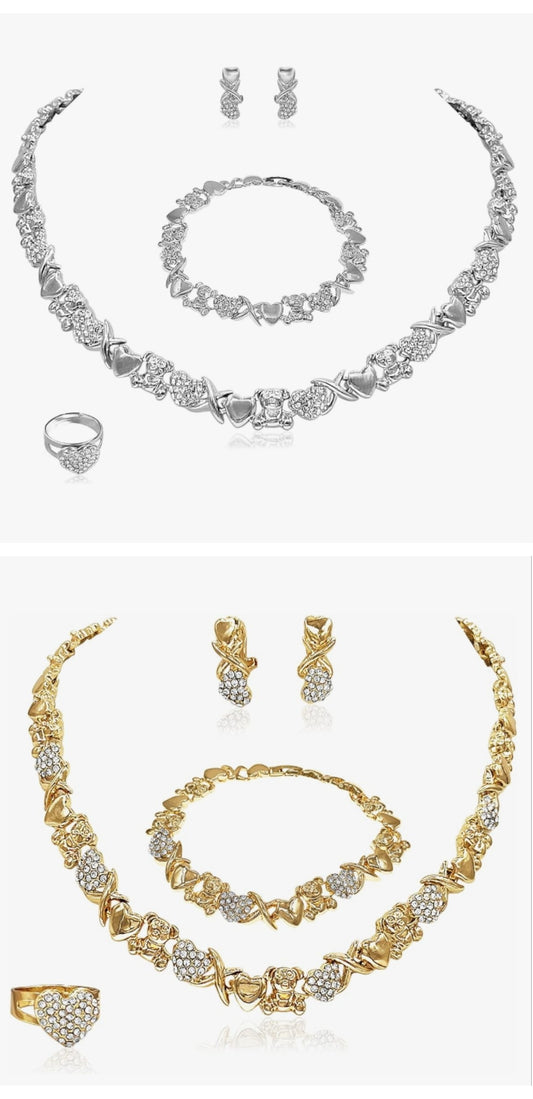 Gold plated Jewelry Sets for Women 18K Gold/Silver Filled Jewelry Necklace Set Wedding Bridal Fashion Jewelry Sets Women Accessories Bracelets Earrings and Rings Sweetheart Gifts