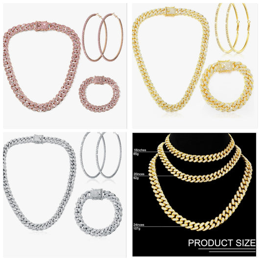 Cuban Link Chain Necklace Bracelet Rhinestone Earrings Bling Necklace Bracelet Crystal Big Circle Earring for Women