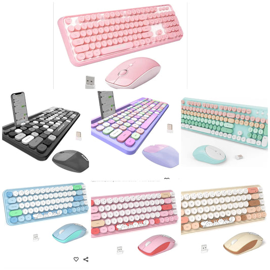 Wireless Keyboard and Mouse Combo - 2.4G Full-Sized Cute Colorful Retro Keyboard with Round Keycaps 104 Keys Typewriter Keyboard for Laptop/Windows/PC -