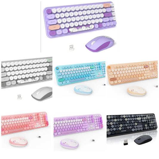 Wireless Keyboard and Mouse Combo - 2.4G Full-Sized Cute Colorful Retro Keyboard with Round Keycaps 104 Keys Typewriter Keyboard for Laptop/Windows/PC -