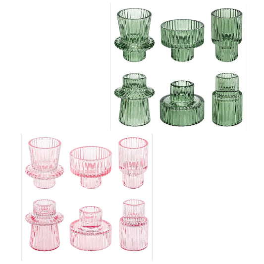 Taper Votive Candle Holder for Pillar Candles Tealight, Candlestick Holder for Wedding Christmas Tea Party, Boho Ribbed Vintage Crystal Glass Table Centerpiece Decor, Bulk Set of 6