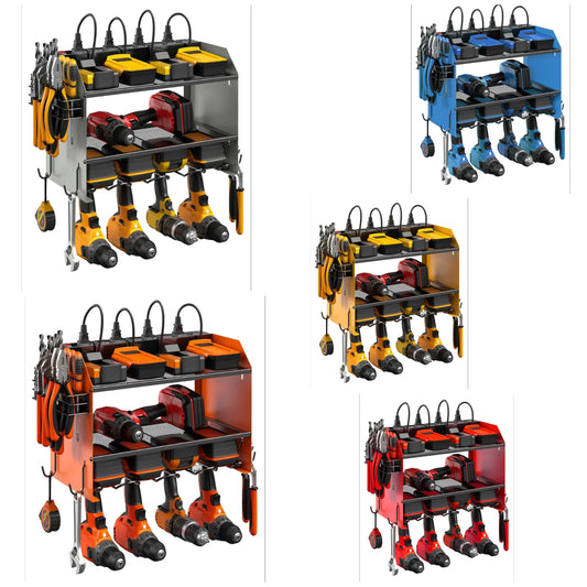 CCCEI Modular Power Tool Organizer Wall Mount with Charging Station. Garage 4 Drill Storage Shelf with Hooks, Drill Bit Heavy Duty Rack, Grey Tool Battery Holder Built in 8 Outlet Power Strip.